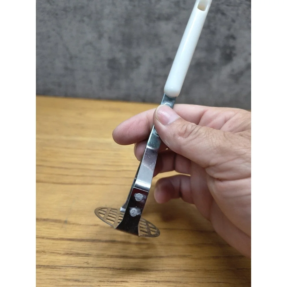 Vintage Stainless Steel Potato Masher With White handle